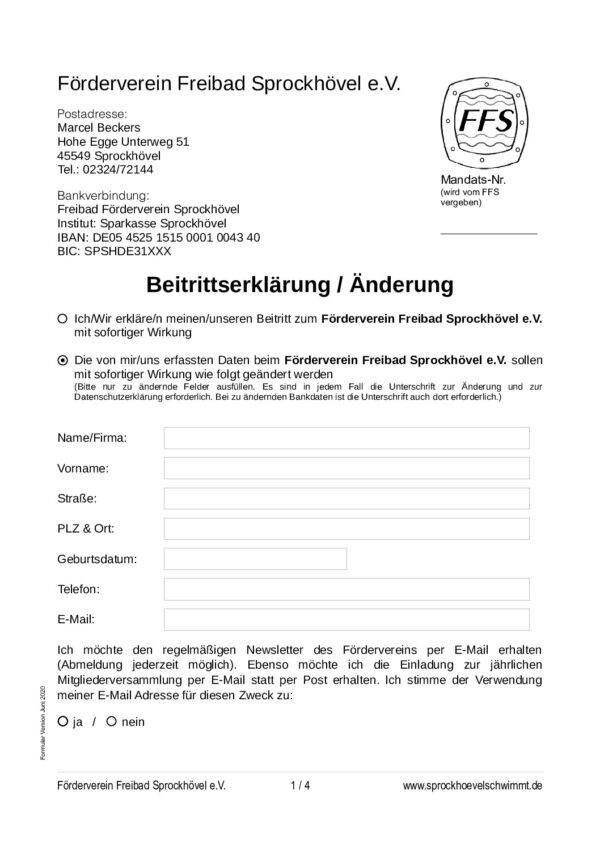 Beitrittserklärung Förderverein Freibad Sprockhövel e V